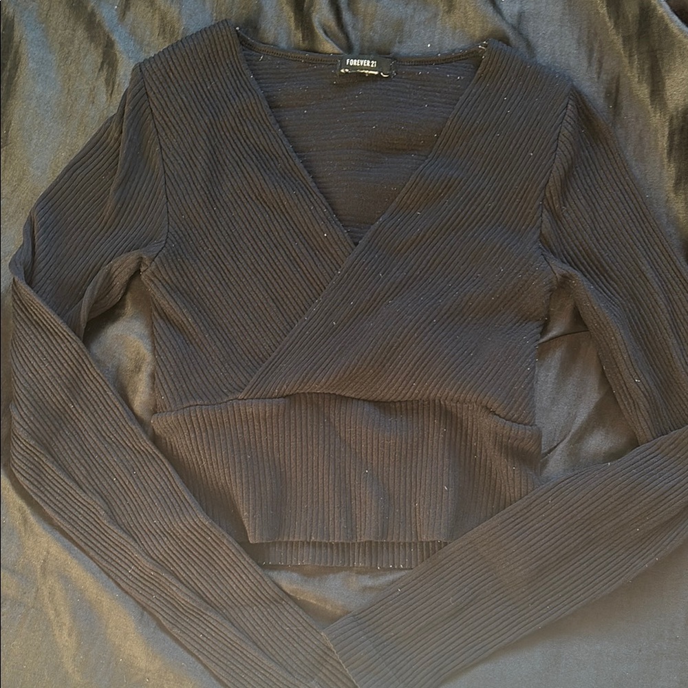 Forever 21 Black Ribbed V-Neck Top